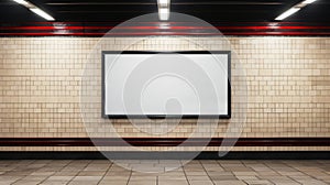 Blank billboard in subway, white poster mockup on tiled wall. Empty banner for advertising in metro hallway. Concept of frame,
