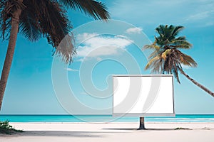 Blank Billboard Transparent Mock Up, Png. Background With Unfocused Serene Beach With Turquoise. Generative AI photo