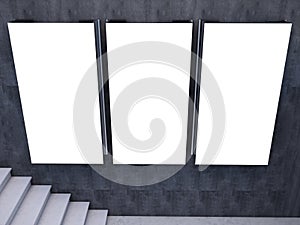 Advertising blank billbord poster with stairs in subway station. 3d rendering illustration