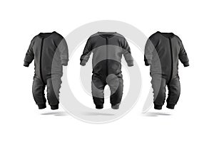 Blank black baby zip-up sleepsuit mockup, front and side view