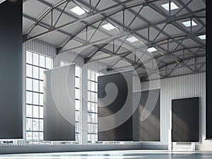 Blank black banners in hangar area. 3d rendering