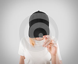 Blank black baseball cap mockup template, wear on women head