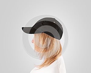 Blank black baseball cap mockup template, women head, profile, isolated