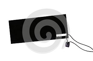 Blank black cardboard price tag or label tag with thread isolated on white background.