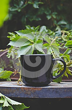A blank black coffee mug on the rusty old overgrown park table