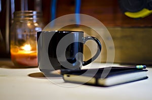 Blank black coffee mug tool table writing