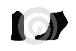 Blank black cotton sport short socks on invisible foot isolated on white background as mock up for advertising, branding, design.