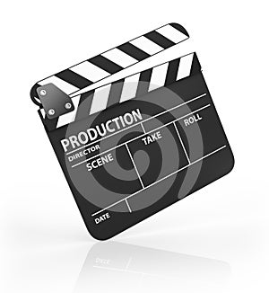 Blank black film clapper board, isolated on white background.