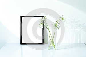 Blank black frame mockup. Small fresh flowers of white garlic allium neapolitanum in glass vase in sunlight with long soft