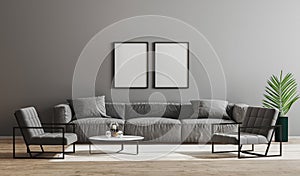 Blank black frames mock up in modern minimalist living room interior  with gray sofa, armchairs and coffee table, living room