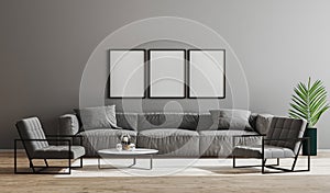 Blank black frames mock up in modern minimalist living room interior  with gray sofa, armchairs and coffee table, living room
