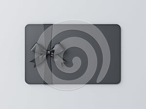 Blank black gift business card with black ribbon bow on white grey background with shadow minimal concept 3D rendering