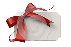 Blank black gift tag with red satin ribbon on white background. Generative AI