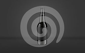 Blank black glass beer bottle with label mockup, dark background