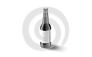 Blank black glass beer bottle with white label mockup, isolated