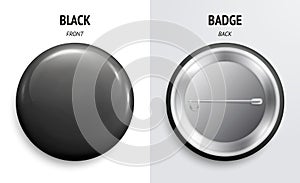 Blank black glossy badge or button. 3d render. Round plastic pin, emblem, volunteer label. Front and Back Side. Vector.