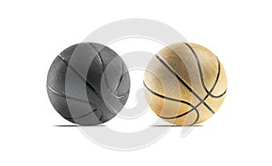 Blank black and gold rubber basketball ball mockup, half-turned view