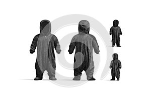 Blank black kid plush jumpsuit with hood mockup, different views