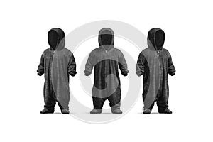 Blank black kid plush jumpsuit hood mockup, front side view