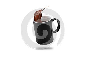 Blank Black mug of spilling coffee or tea with splash isolated