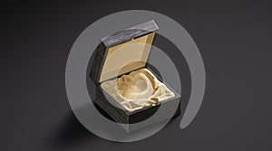 Blank black opened wood gift box with gold silk mockup