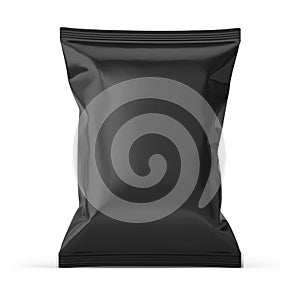 Blank black plastic bag. Food snack, chips packaging isolated on white beckground