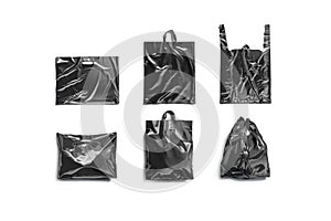 Blank black plastic bag mockup set, top view, different types