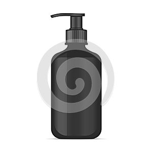 Blank Black Plastic Cosmetic Bottle with Pump on White Background. Vector