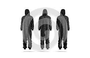Blank black plush jumpsuit with hood mockup, front side view