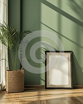 Blank black poster frame with creamy passe-partout mock up template, room interior in scandinavian style, green walls