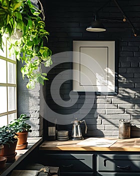 Blank black poster frame mock up template, living room interior in loft style with wooden table, black brick walls and