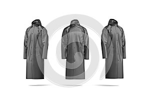 Blank black protective raincoat mockup, front and side view