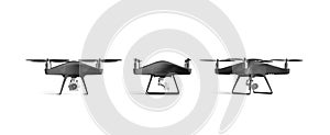 Blank black quadrocopter mockup set, stand isolated,