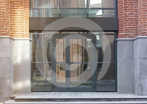 Blank black rectangular box store entrance mockup, glass brick wall