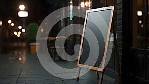 Blank black restaurant shop sign or menu board near the entrance of street cafe at night, neural network generated image
