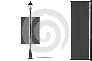 Blank black roll up mockup. Empty poster template on lamppost on white background. Street sign, signage, 3d rendering.