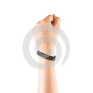 Blank black rubber wristband mockup on hand, isolated