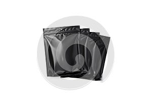 Blank black sachet packets stack mockup, isolated, top view, 3d rendering. Empty packed wet wipe heap, aromo and