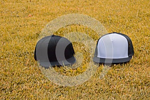 Blank black snapback and trucker hat cap flat visor for mockup