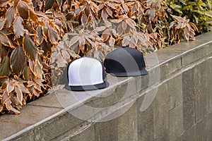 Blank black snapback and trucker hat cap flat visor for mockup
