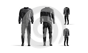 Blank black sport tracksuit mockup, different views