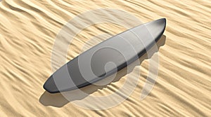 Blank black surfboard lying on sand mockup, side view