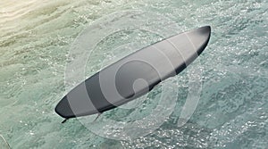 Blank black surfboard on water surface mockup, side view