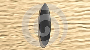 Blank black surfboarf lying on sand mock up, top view