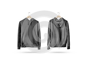 Blank black sweatshirt mockup set hanging on wooden hanger