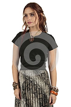 Blank black t-shirt design with Hippy festival attractive female model