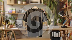 Blank Black T-Shirt Mockup in a Creative Workspace, Ideal for Branding and Fashion Design Showcases. Generative Ai
