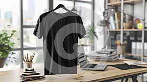 Blank Black T-Shirt Mockup in a Creative Workspace, Ideal for Branding and Fashion Design Showcases. Generative Ai