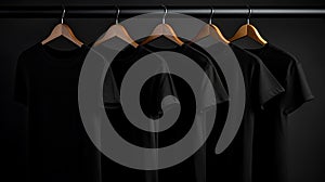 Blank black t-shirts set hanging on hanger’s mockup dark black background