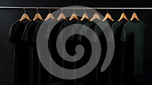 Blank black t-shirts set hanging on hanger’s mockup dark black background